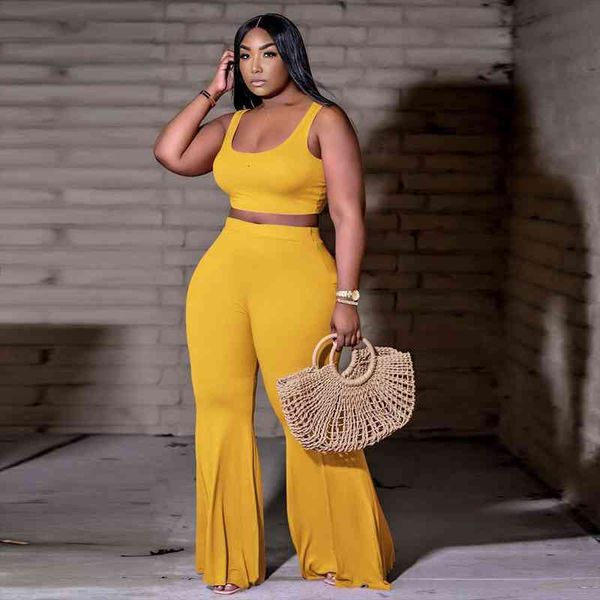 

solid knitted suits stretchy two womenpant piece set tracksuit tank crop and flare bell bottom pant summer bodycon sweatsuits, White