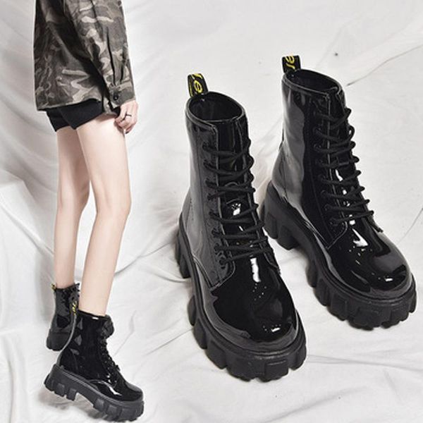 

boots women ankle patent leather thick bottomn lace up woman autumn winter footwear fashion platform 2021 female, Black