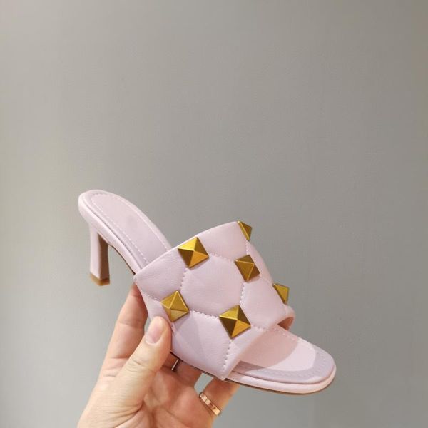 

summer outside natural sheepskin slides shoes woman open toe studded heels slippers metal rivets women size 35-42, Black