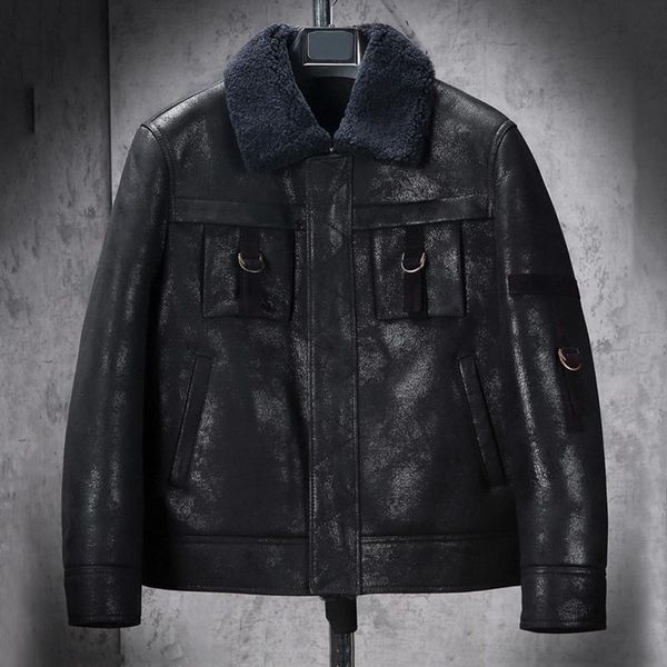 

mens b3 shearling jacket short fur coat black leather bomber fashion motorcycle men's & faux