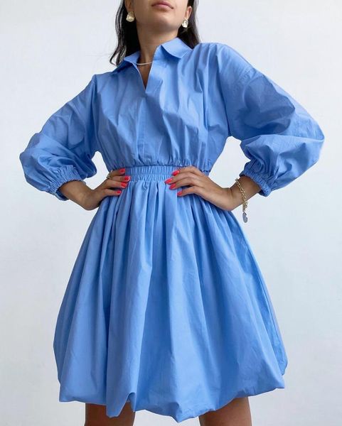 

casual dresses women vintage front cross a-line party dress lantern sleeve v neck blue high street mini 2021 autumn fashion, Black;gray