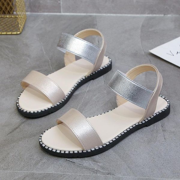 

elastic band fashion casual shoes female 2021 summer sandals women woman flat bottom rivet beach plus size 41, Black