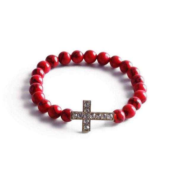 

cross bracelet natural stone elastic rope red/green/yellow tiger eye beaded women believer jewelry gift beaded, strands, Black