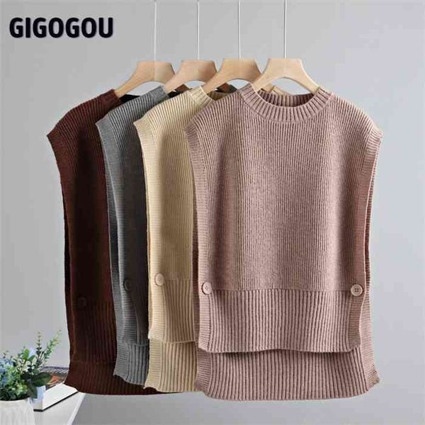 

gigogou vest women o neck solid high low hem casual korea style teens chic fashion button spring sleeveless knit sweater, Black;white