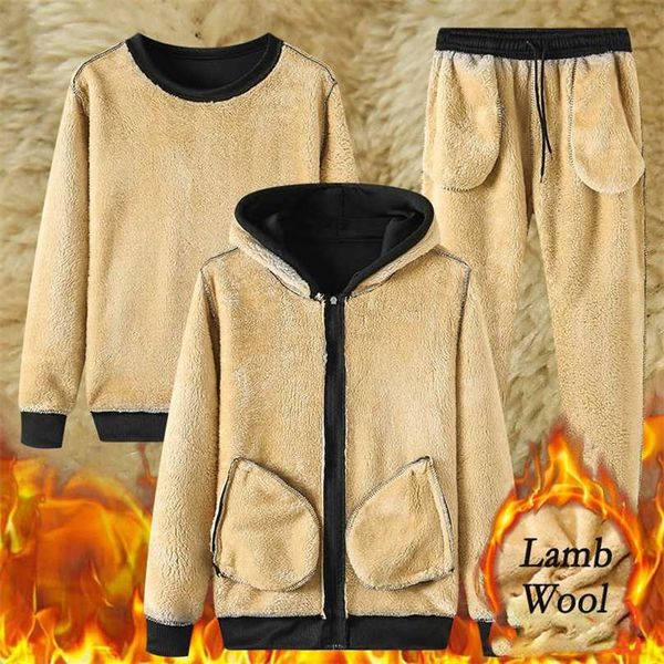 

winter thick warm lamb wool tracksuit men hooded running sets hoodies jacket+pants casual sweat sportswear jogging suits 211109, Gray