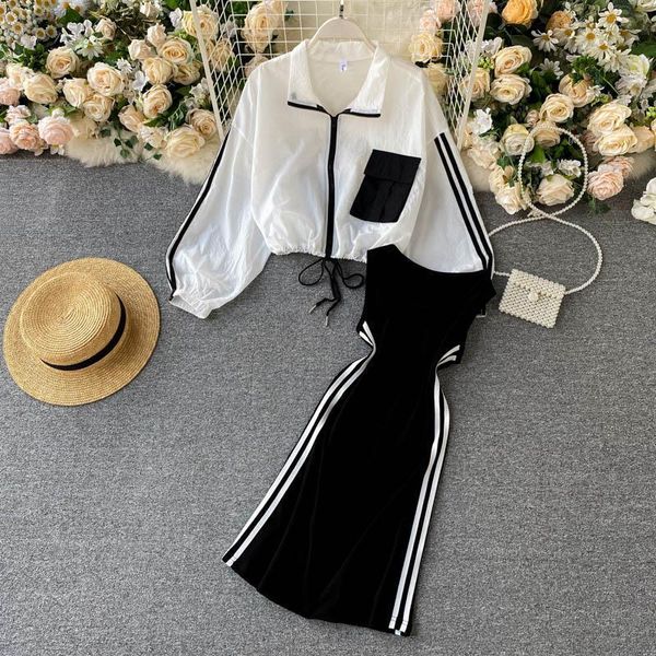 

2 piece short outfits autumn women dress clothes long sleeve cardigan coat and sleeveless black casual two set, White