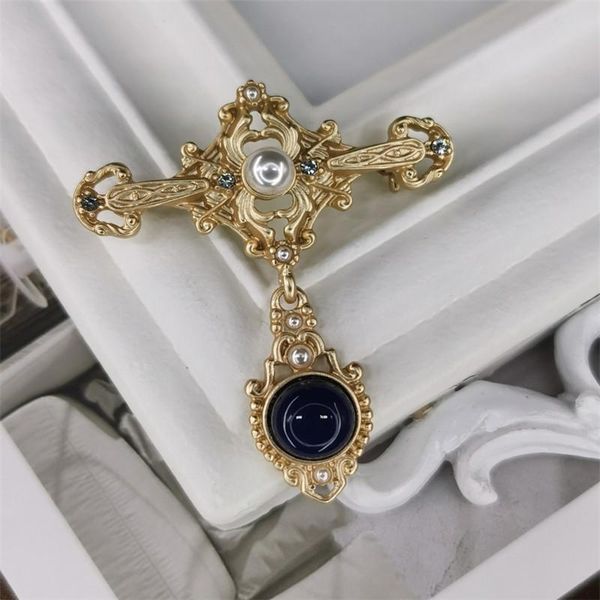 

pins, brooches qingdao european and american baroque pearl antique cross retro pattern relief female brooch, Gray