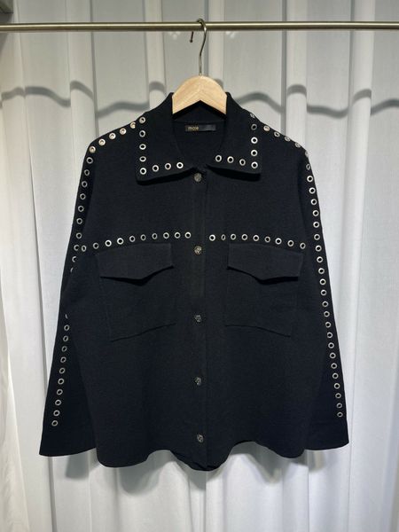 

autumn and winter new round neck rivet shirt collar knitted cardigan, White