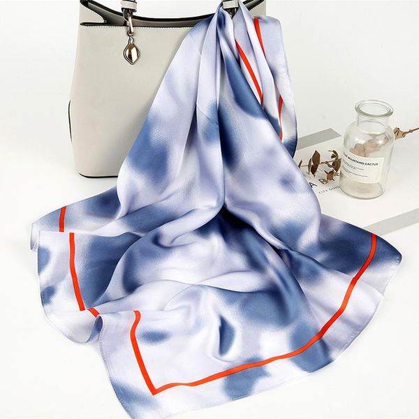 

fashion gradient color print satin silk scarf holder scarves lady bandana women small square shawl 70x70cm, Blue;gray