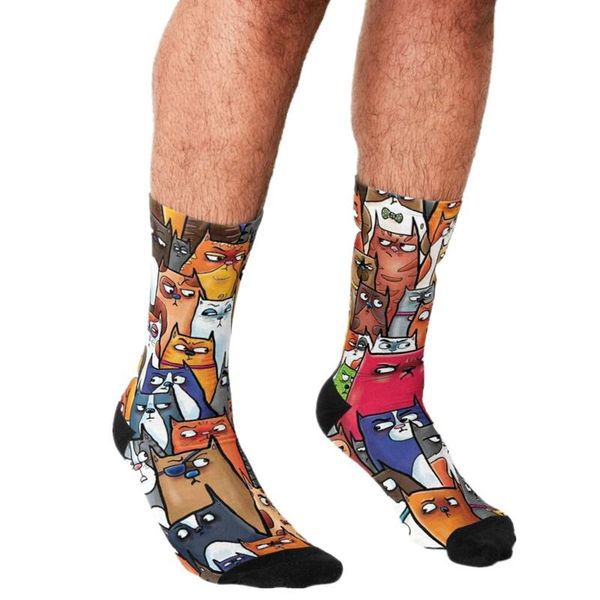 

men's socks 2021 funny suspicious kitties pattern printed hip hop men happy cute boys street style crazy for, Black