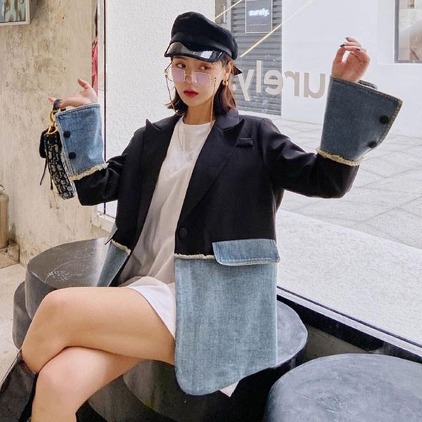 

women's jackets 2021 autumn women denim jacket coat lapel patchwork fashion casual clothing, Black;brown
