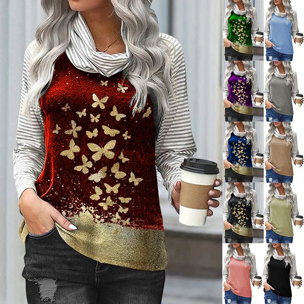 

aw2021 women's splicing long sleeve pile neck striped printed t-shirt, White