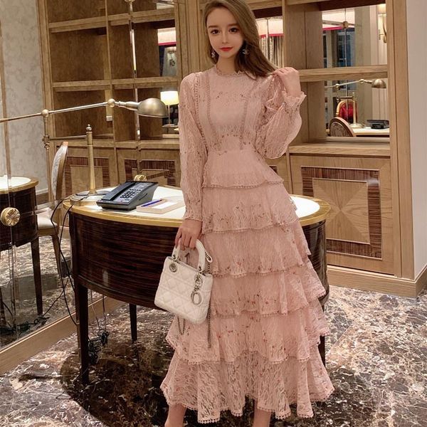 

casual dresses pink lace embroidery maxi dress sweet female long sleeve waist ruffle elegant party woman 2021, Black;gray