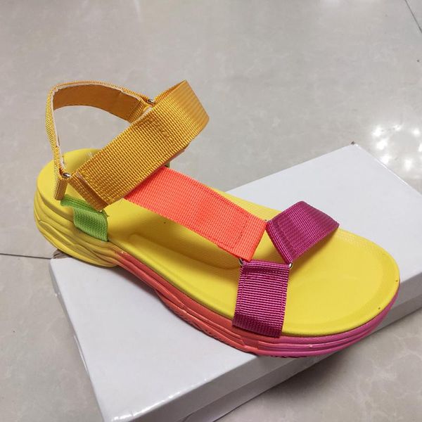 

wide straps sandals women rainbow peep-toe platform treaded sole slides woman flat outdoor casual shoes ladies summer beach, Black