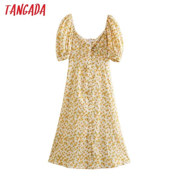 

summer women yellow floral print french style puff short sleeve ladies midi dress vestidos 5z79 210416, Black;gray