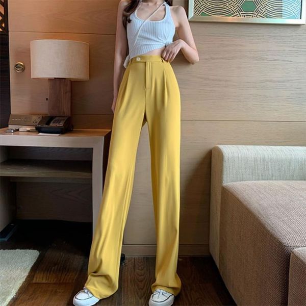 

korean casual straight women capri high waist trousers slim plain black yellow full length streetwear, Black;white