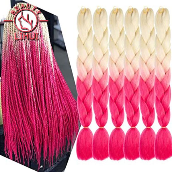 

human ponytails synthetic ombre hair jumbo crochet braiding for women blonde golden green brown colorful 6packs 24inch 100g wholesale, Black