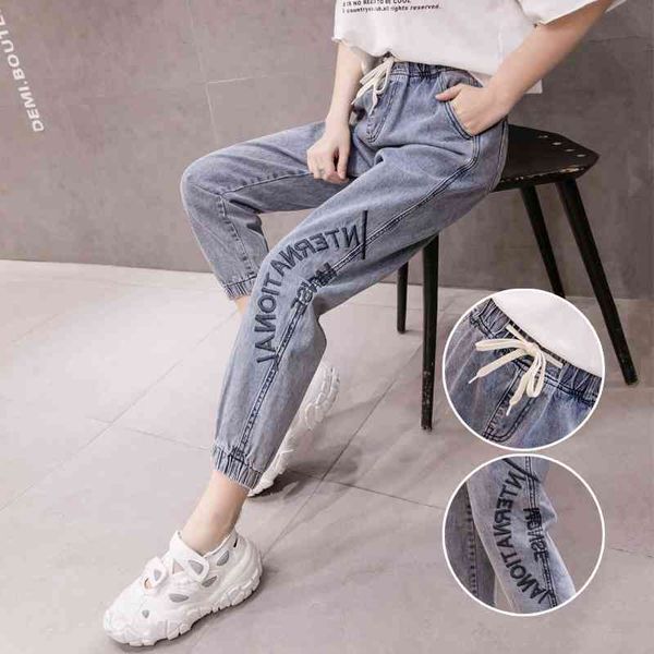 

high waist jeans woman plus size street style elastic denim pants cotton loose vintage letter print boyfriend 210603, Blue