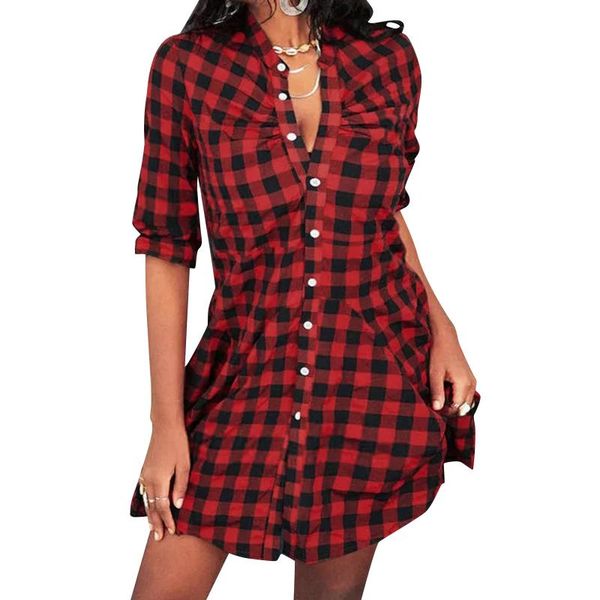 

casual dresses preppy style 2021 chic fashion women's buttons lapel plaid print long sleeve loose dress summer plus size traf #t2, Black;gray