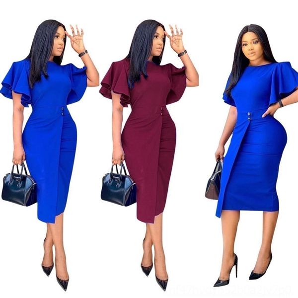

wk6a 2020 summersolid color fly sleeve large round plus size dresses neck slim summer dress d072