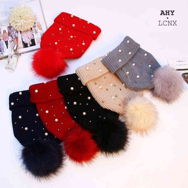 Moda Pérola Fur Pom Winter Winno Chapéus Chapéus Bonnet para Mulheres Meninas Caláss Beanie Hat Femme Cap Gorras Invierno Casual Y21111