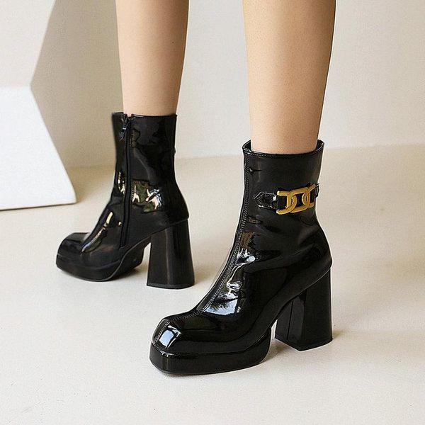 

boots 2021 fashion autumn women ankle patent leather black female high heels shoes platform square toe lady