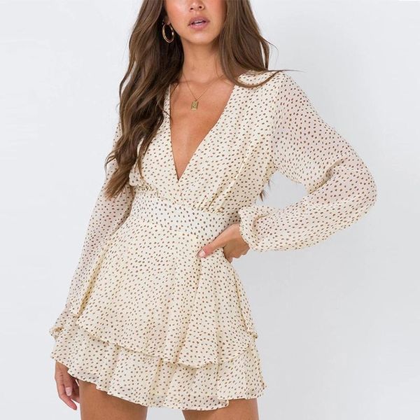 

casual dresses women's printed v-neck chiffon lace up long sleeve mini dress deep v ruffles femmevestido de mujer, Black;gray