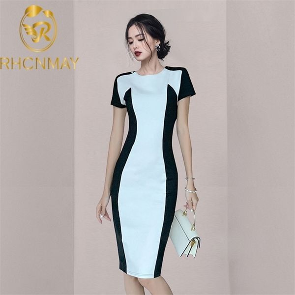 

elegant black white patchwork pencil dress women summer office dresses simple party work sheath bodycon vestidos 210520, Black;gray