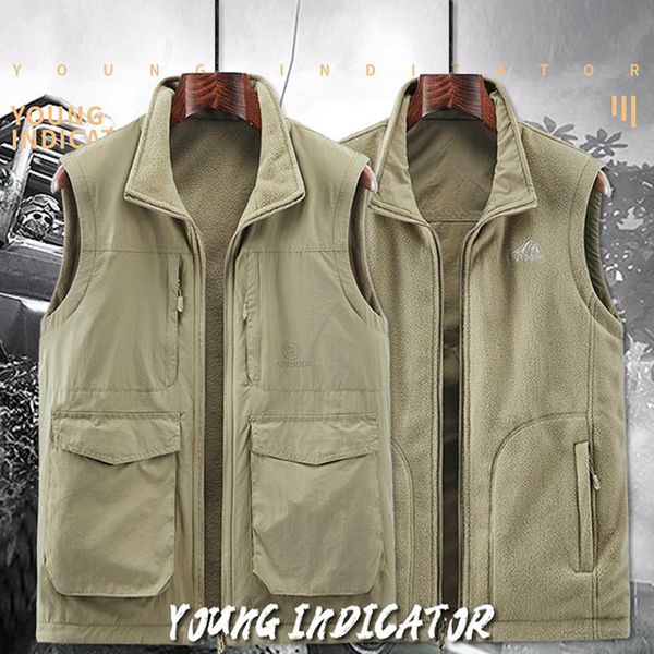 

men's jackets men tactical vest multi pocket outdoor pographer hiking waistcoat fishing polar fleece sleeveless jacket reversible cloth, Black;brown