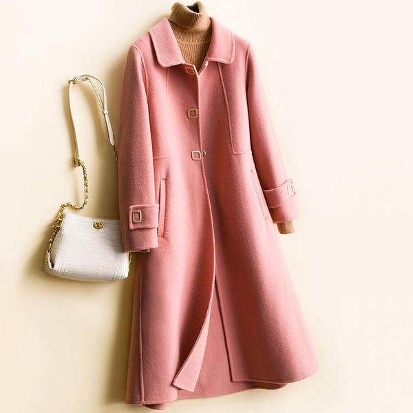 

women's wool & blends medium-long double 100%wool 2021 autumn winter coat women single breasted korean jacket windbreaker female outerw, Black