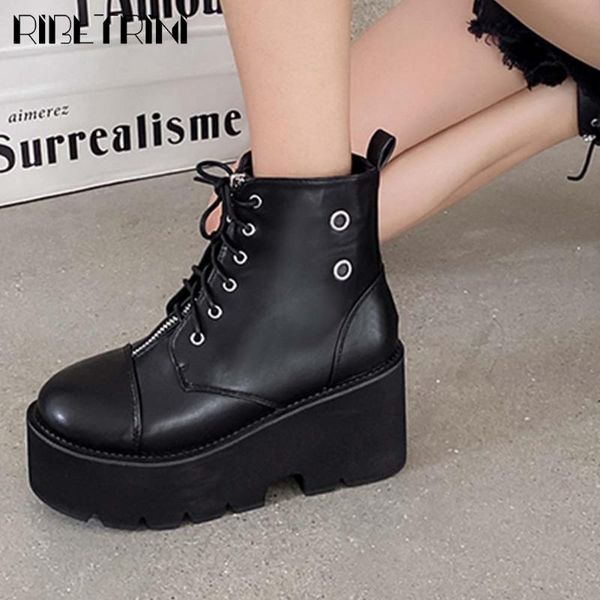 

boots ribetrini female lace up punk street cosplay thick bottom solid shoes platform ankle women casual brand, Black