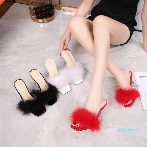 

dress shoes summer woman pumps pvc transparent feather perspex crystal high heels fur sandals peep toe mules slippers ladies slides, Black