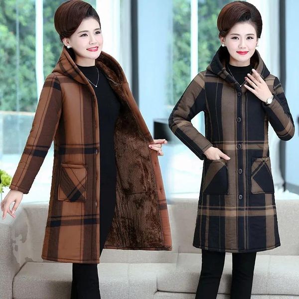 

women's trench coats 2021 women autumn winter coat mid-length hooded windbreaker female fashion plaid plus velvet warm large size cotto, Tan;black
