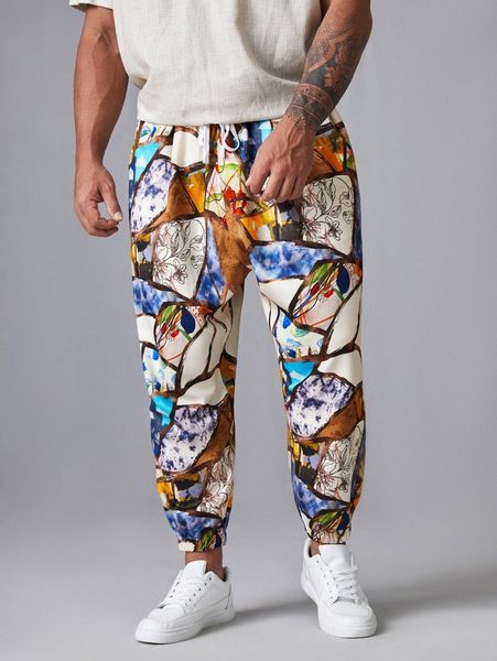 

extended sizes men allover print drawstring waist pants 903o#, Black