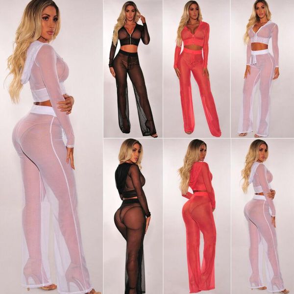 

women's swimwear women bikini cover ups 2pcs set mesh sheer see through swimsuit hoodies +long pants female beach suits clothes, White;black
