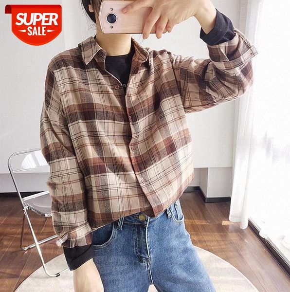 

910015 spring plaid shirt loose korean version with a blouse, retro hong kong style brushed jacket trend #wd5u, Black;gray