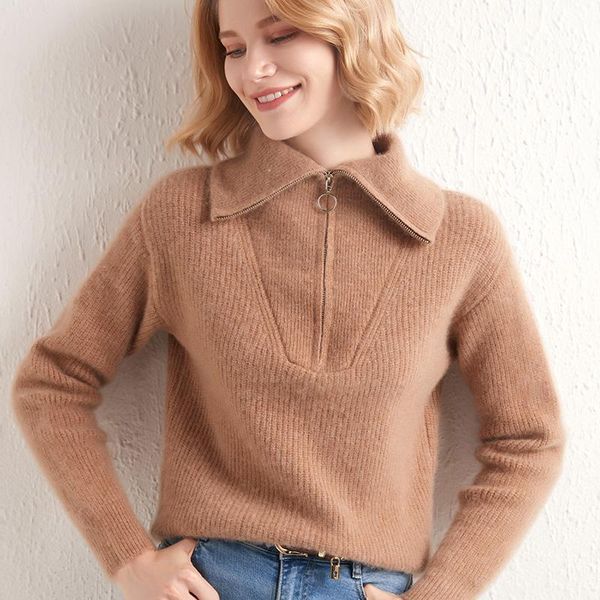 

women's sweaters autumn and winter style pure wool fashion thickening half-opening zipper casual hedging elegant knitted sweater coat, White;black
