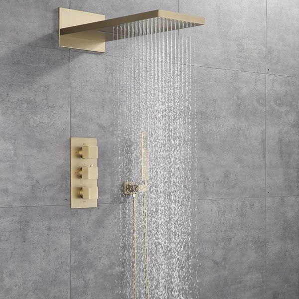 

bath shower faucet set auto-thermostat control brass brushed gold/black in-wall mixer tap & cold with handheld bathroom sets