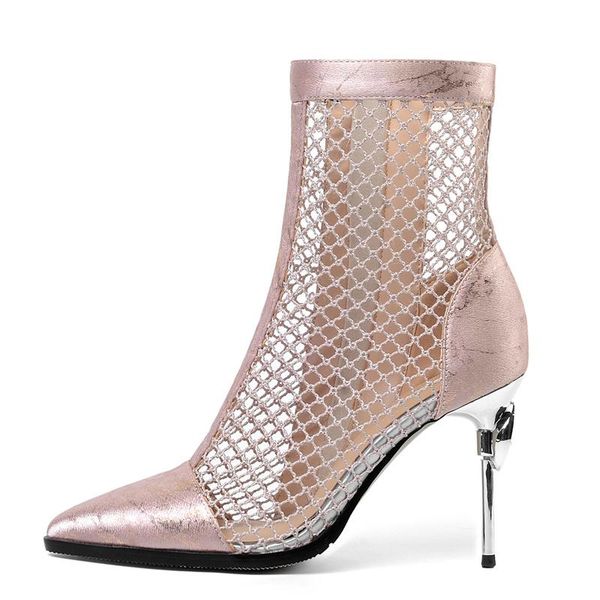 

boots lace mesh women high heels ankle for fashion gold silver shoes female pointed toe summer, Black