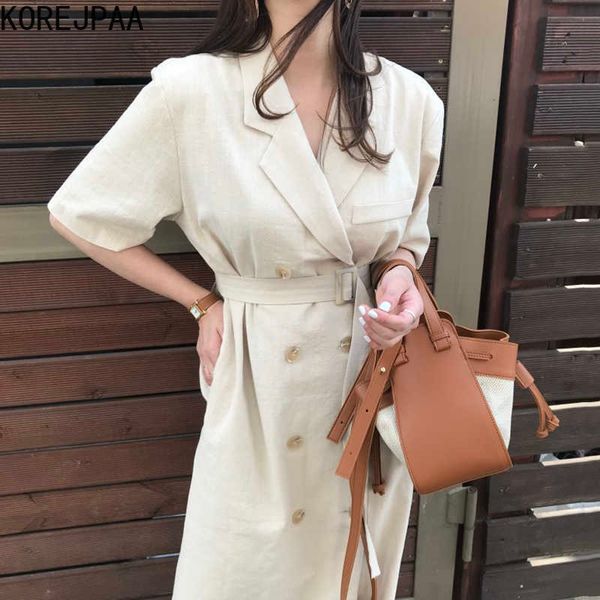 Korejpaa Abito da donna Estate Corea Chic Stile elegante Abito con colletto Fibbia Cintura con lacci Cintura a doppia fila con bottoni Abiti a maniche corte 210526