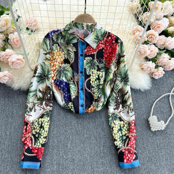 

dresses design grape print women retro chic turndown-collar single breasted casual spring fashion streetwear blouse, Black;gray