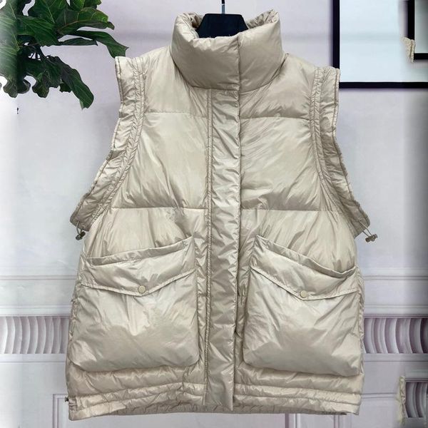 

women's vests winter coat vest stand collar sleeveless warm down outwear with pockets loose drawstring outdoor jacket classic, Black;white