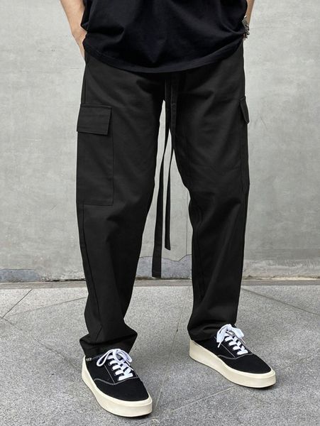 

men drawstring waist cargo pants 08h5#, Black