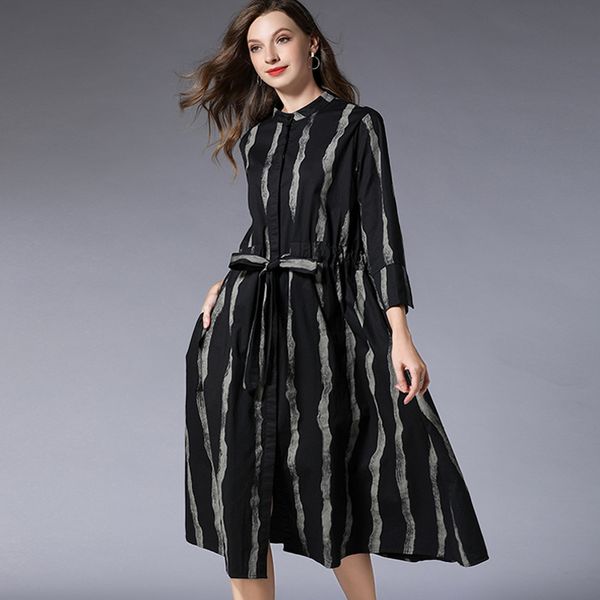 

big yards dresses fat mm large women's fall 2021 slim medium long striped print shirt 7104