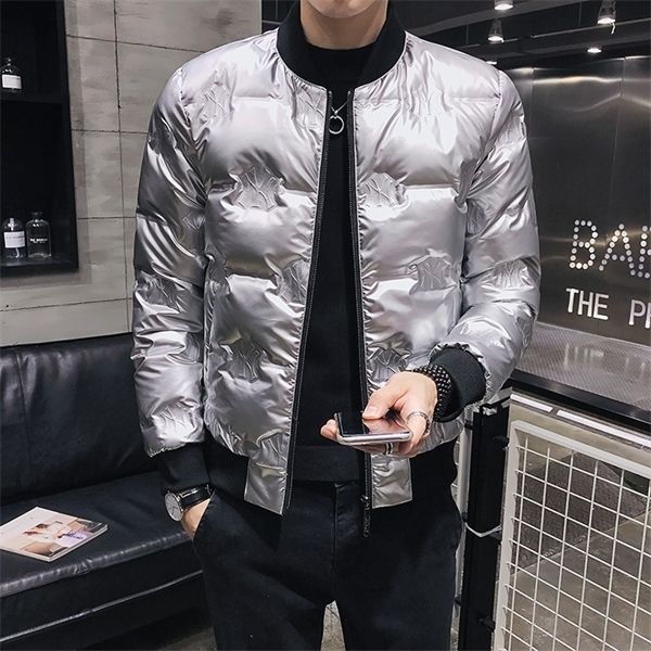 

down jacket 2020 winter new fashion trend men's down jacket thickened baseball collar slimming shiny embossed jacket down casual cotton, Black