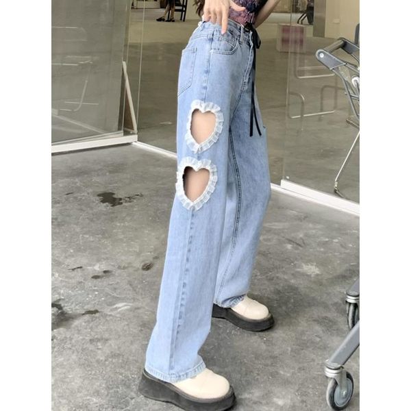 

women's jeans high waist casual women denim pants 2021 spirng autumn female loose wide leg pant heart holes trouses plus size 4xl, Blue