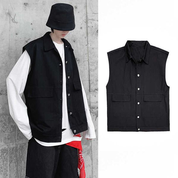 

men's vests spring cotton fashion solid color retro pocket coat men streetwear korean loose hip-hop jacket mens m-2xl 0o4s, Black;white