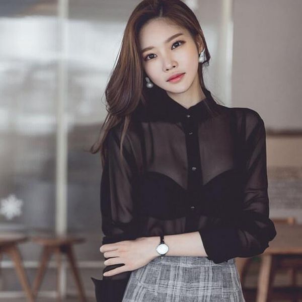 

women's blouses & shirts women blouse black chiffon stand collar button ladies transparent long sleeve blusas df260 jl3f, White