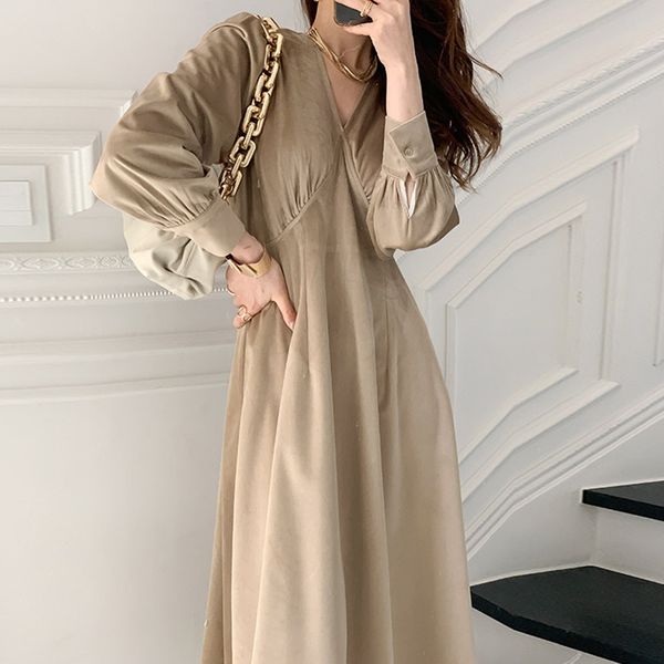 

spring female loose casual v-neck solid color long lantern sleeve minimalist pleated a-line velour dress 8d1114 210510, Black;gray