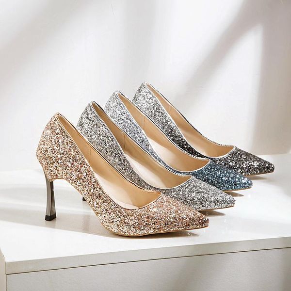 

high thin heels shoes women pumps bling wedding bridal classic pointed toe evening party zapatos de mujer dress, Black